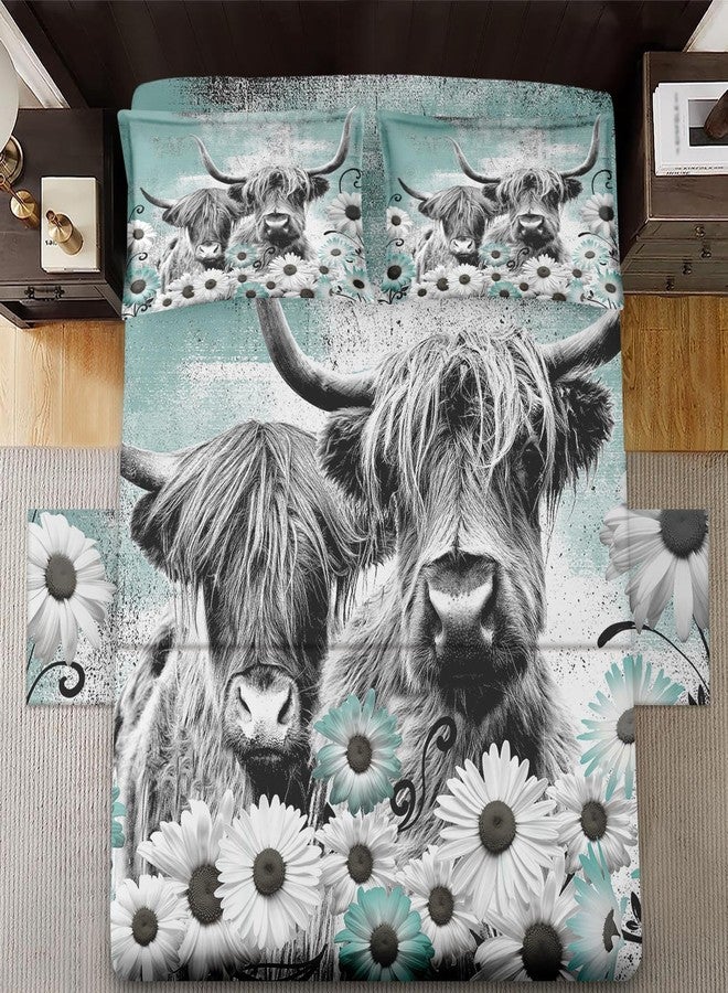WeCozy 4 Pieces Full Size Bed Sheet Sets with Pillowcases, Highland Cow Animal Soft Microfiber Bedding for Kids and Adults, Farm Daisy Flat, Fitted Sheet for Bedroom Bed Decor - Image 3